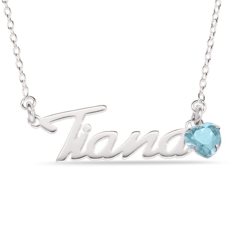 Main Image 1 of Heart-cut March Birthstone Charm Nameplate Necklace Sterling Silver 18"