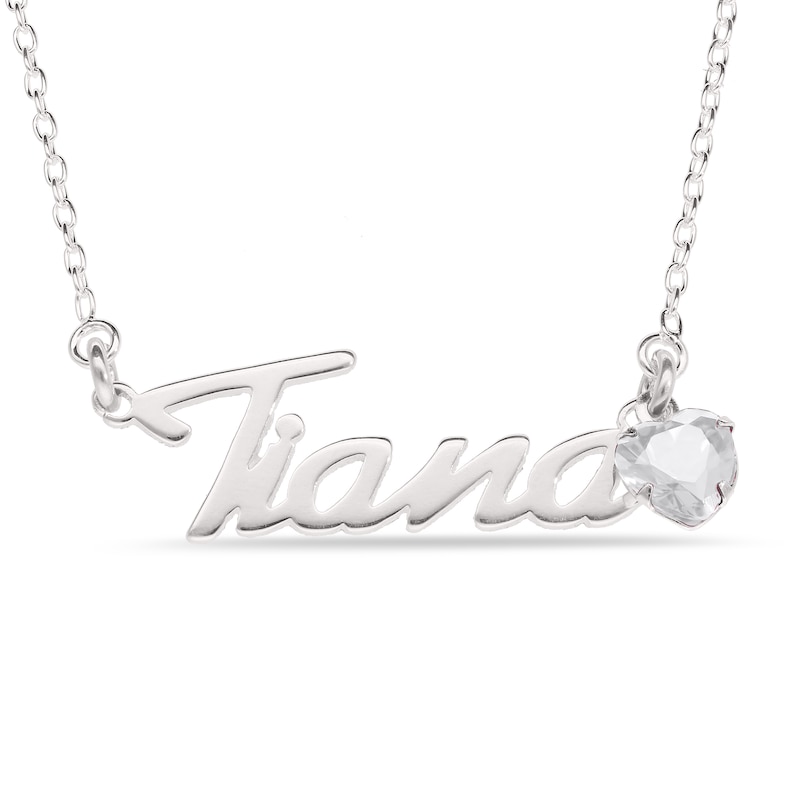 Main Image 1 of Heart-cut April Birthstone Charm Nameplate Necklace Sterling Silver 18"