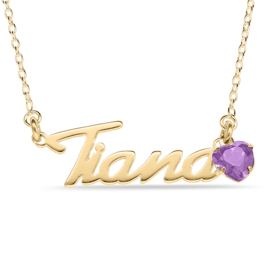 Heart-cut February Birthstone Charm Nameplate Necklace 14K Yellow Gold-Plated Sterling Silver 18"