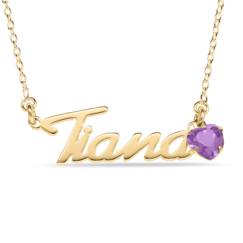 Main Image 1 of Heart-cut February Birthstone Charm Nameplate Necklace 14K Yellow Gold-Plated Sterling Silver 18"