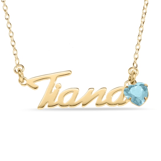 Heart-cut March Birthstone Charm Nameplate Necklace 14K Yellow Gold-Plated Sterling Silver 18"