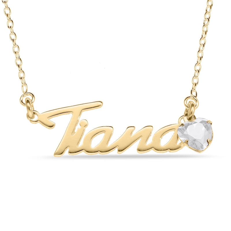 Main Image 1 of Heart-cut April Birthstone Charm Nameplate Necklace 14K Yellow Gold-Plated Sterling Silver 18"