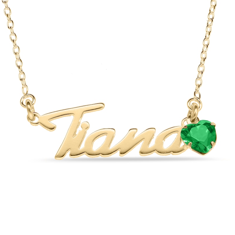 Main Image 1 of Heart-cut May Birthstone Charm Nameplate Necklace 14K Yellow Gold-Plated Sterling Silver 18"