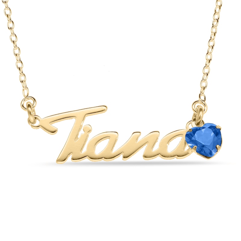 Main Image 1 of Heart-cut September Birthstone Charm Nameplate Necklace 14K Yellow Gold-Plated Sterling Silver 18"