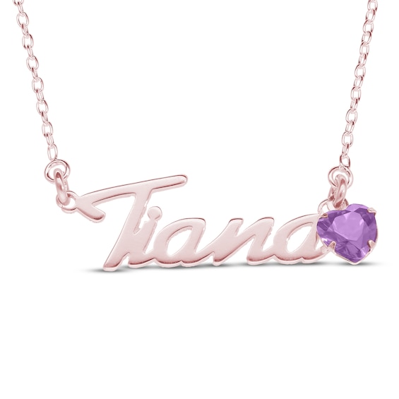 Heart-cut February Birthstone Charm Nameplate Necklace 14K Rose Gold-Plated Sterling Silver 18"