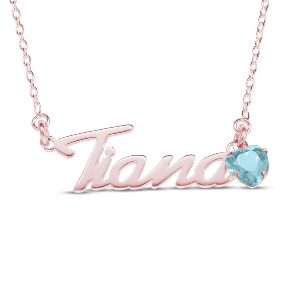 Heart-cut March Birthstone Charm Nameplate Necklace 14K Rose Gold-Plated Sterling Silver 18"