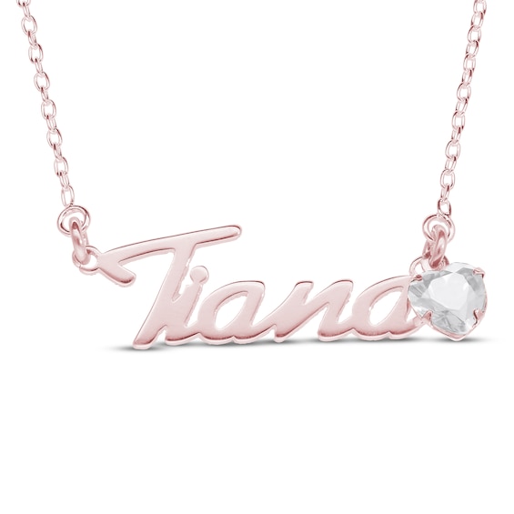 Heart-cut April Birthstone Charm Nameplate Necklace 14K Rose Gold-Plated Sterling Silver 18"