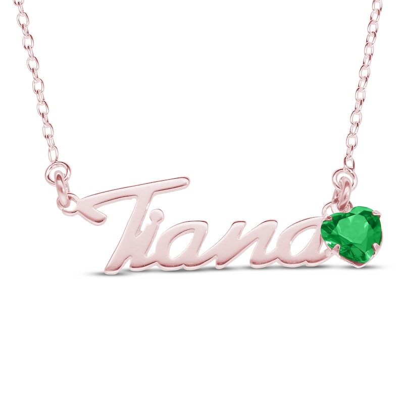 Main Image 1 of Heart-cut May Birthstone Charm Nameplate Necklace 14K Rose Gold-Plated Sterling Silver 18"