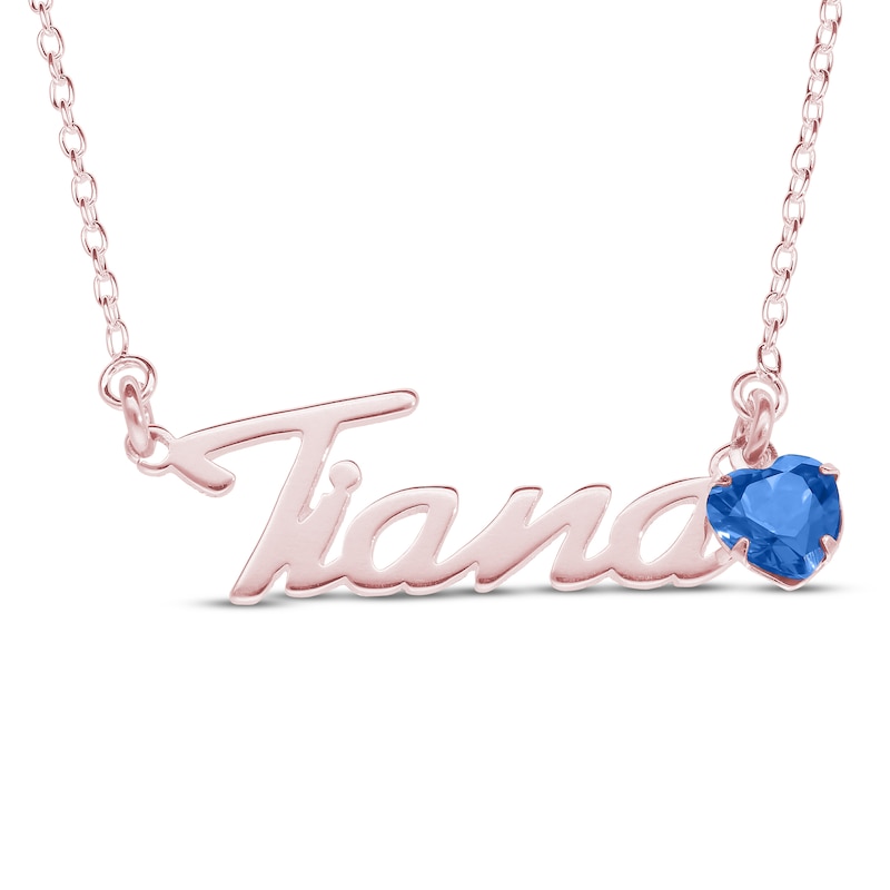 Main Image 1 of Heart-cut September Birthstone Charm Nameplate Necklace 14K Rose Gold-Plated Sterling Silver 18"