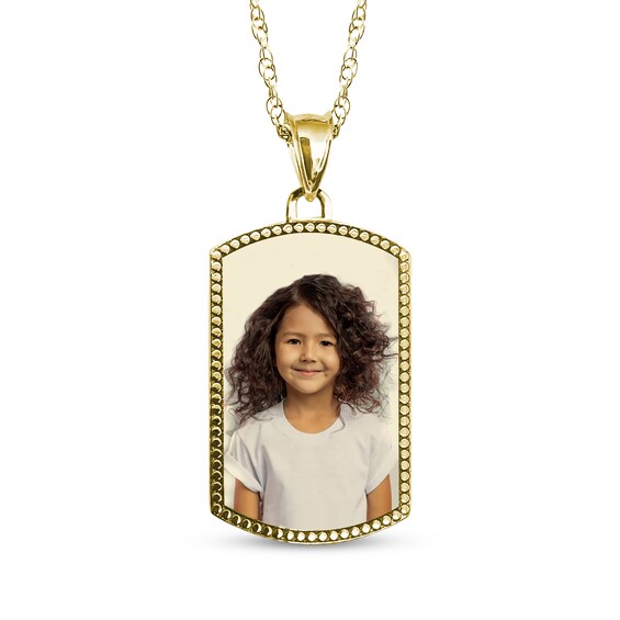 Dog Tag Photo Beaded Frame Necklace 10K Yellow Gold 18"