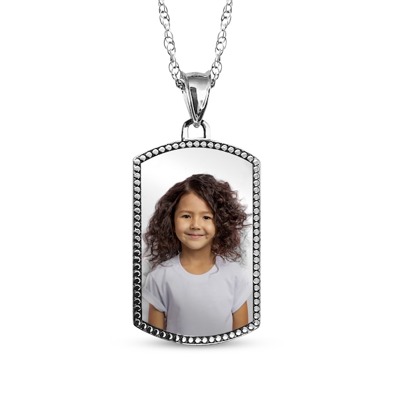 Dog Tag Photo Beaded Frame Necklace 10K White Gold 18"
