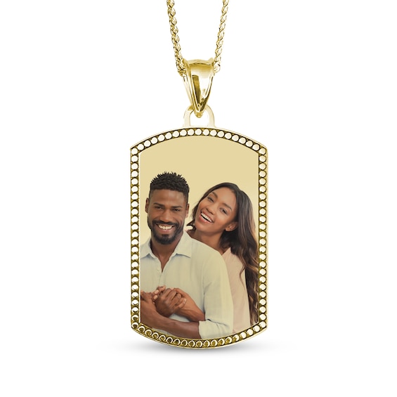 Extra Large Dog Tag Photo Beaded Frame Necklace 10K Yellow Gold 18"
