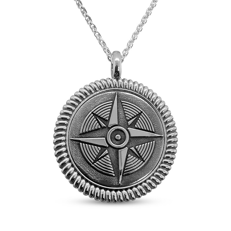 Main Image 1 of Men's Engravable Compass Necklace Sterling Silver 22"