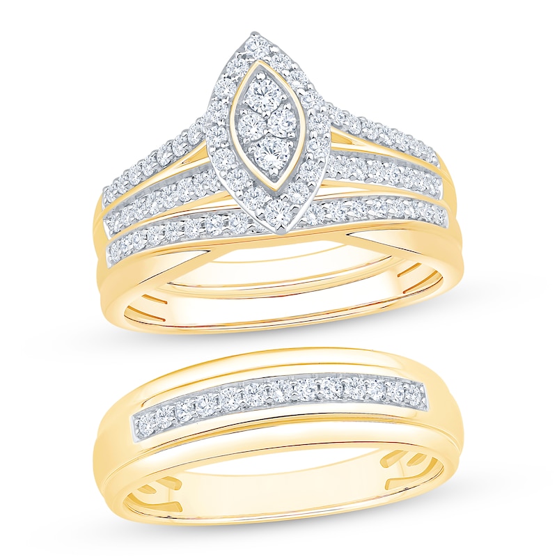 Main Image 1 of Now + Forever His & Hers Multi-Diamond Three-Piece Bridal Set 5/8 ct tw 10K Yellow Gold