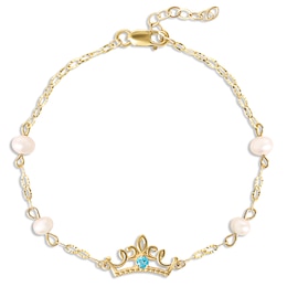 Children's Blue Cubic Zirconia & Cultured Pearl Crown Bracelet 14K Yellow Gold 6&quot;