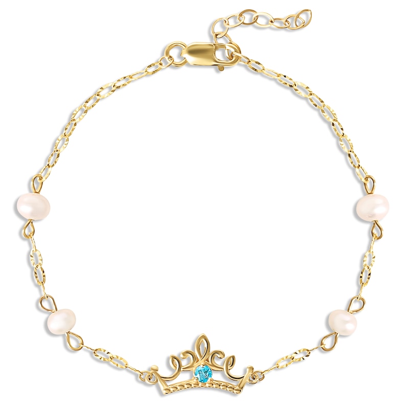 Children's Blue Cubic Zirconia & Cultured Pearl Crown Bracelet 14K Yellow Gold 6"
