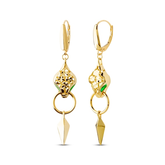 Italian Brilliance Diamond-Cut & Green Enamel Snake Dangle Earrings 14K Yellow Gold