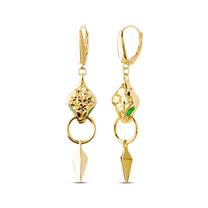 Main Image 1 of Italian Brilliance Diamond-Cut & Green Enamel Snake Dangle Earrings 14K Yellow Gold