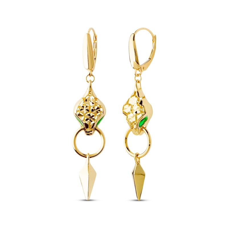 Italian Brilliance Diamond-Cut & Green Enamel Snake Dangle Earrings 14K Yellow Gold