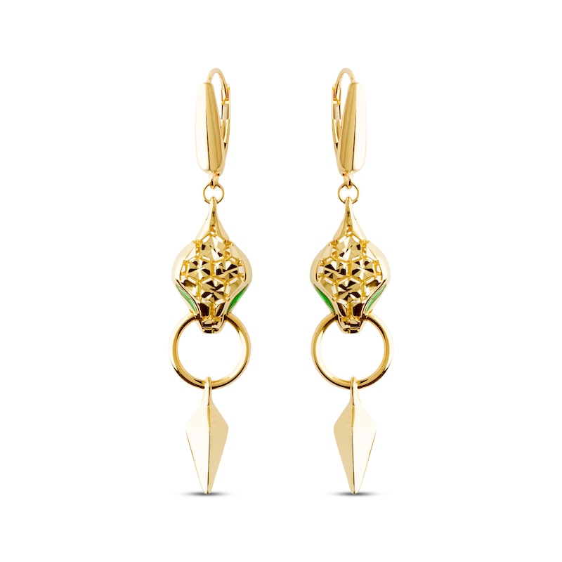 Main Image 2 of Italian Brilliance Diamond-Cut & Green Enamel Snake Dangle Earrings 14K Yellow Gold