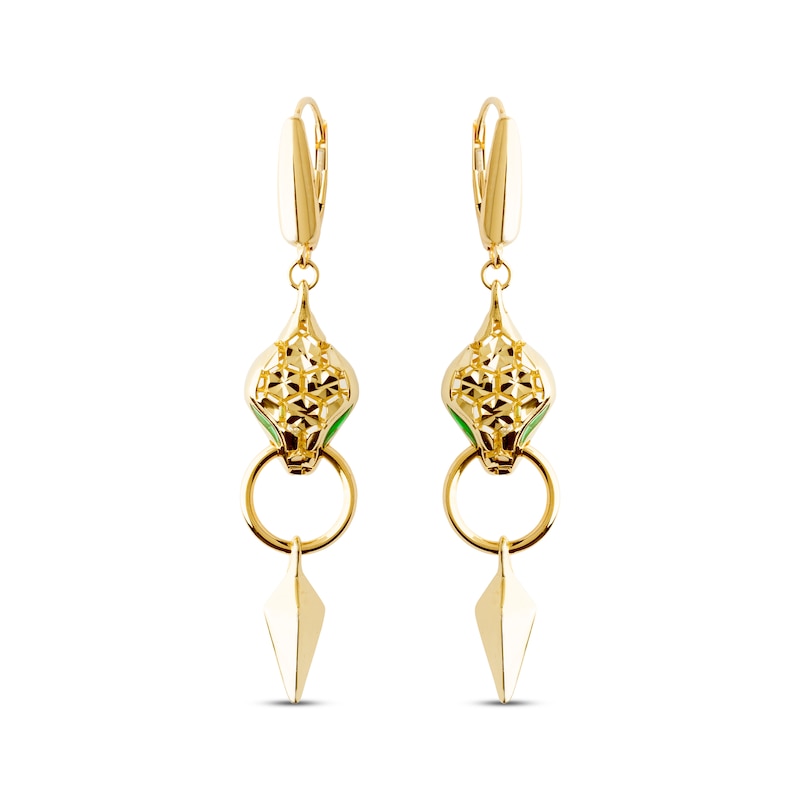 Italian Brilliance Diamond-Cut & Green Enamel Snake Dangle Earrings 14K Yellow Gold