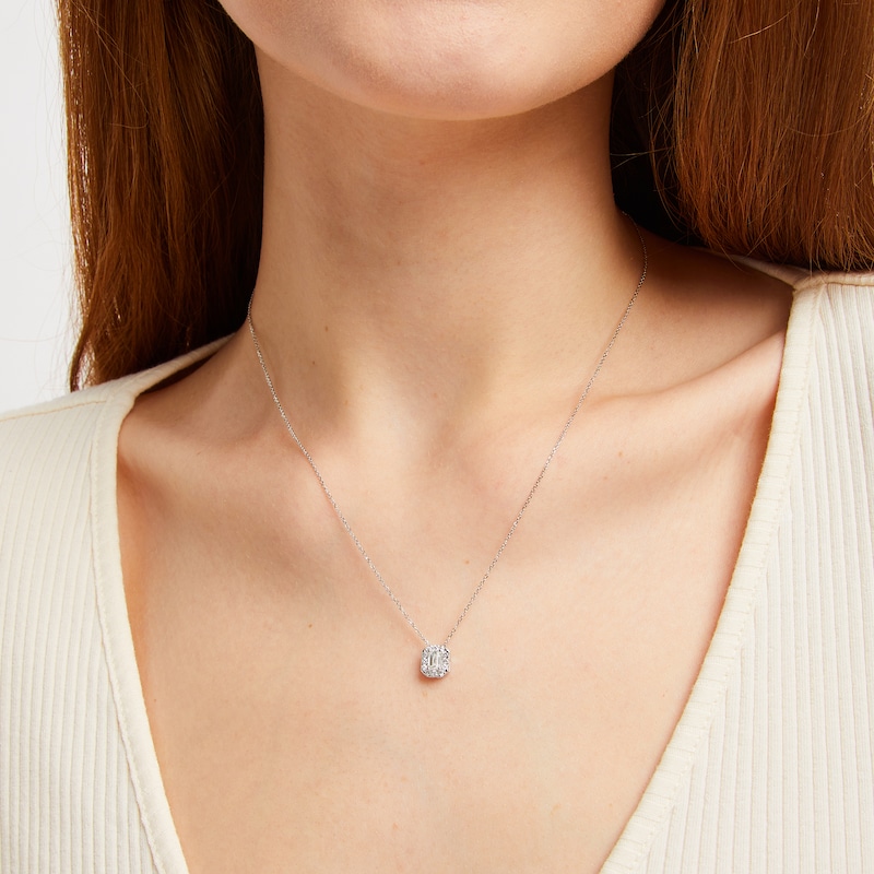 Main Image 5 of KAY Lab-Grown Diamonds Emerald-Cut Halo Necklace 1/2 ct tw 10K White Gold 18"