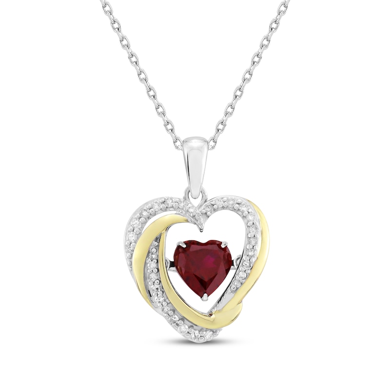 Main Image 1 of Unstoppable Love Heart-Shaped Lab-Created Ruby & Diamond Necklace 1/6 ct tw Sterling Silver & 10K Yellow Gold 18"
