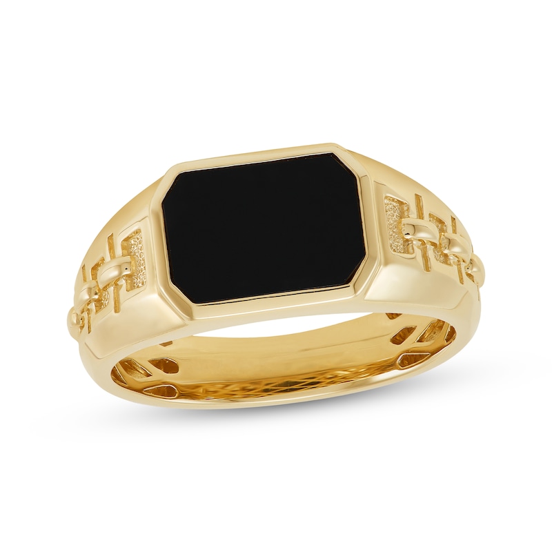 Main Image 1 of Men's Black Onyx Chain Pattern Signet Ring 10K Yellow Gold