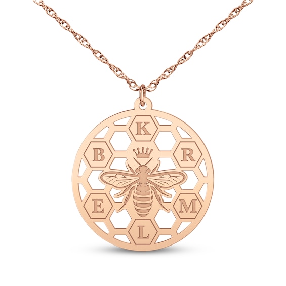 Bee & Honeycomb Initial Necklace 14K Rose Gold 18"