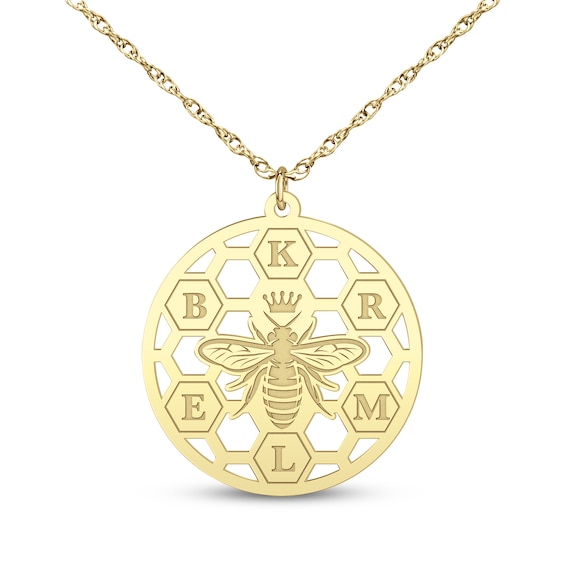 Bee & Honeycomb Initial Necklace 14K Yellow Gold 18"