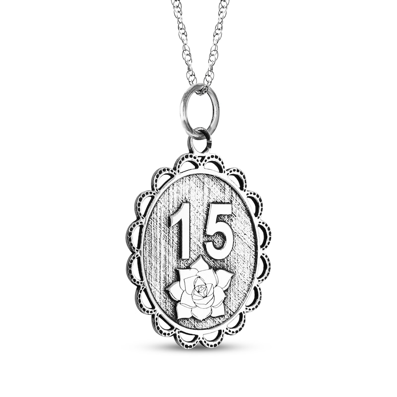 Main Image 1 of Engravable Quinceañera “15” Oval Necklace 10K White Gold 18"