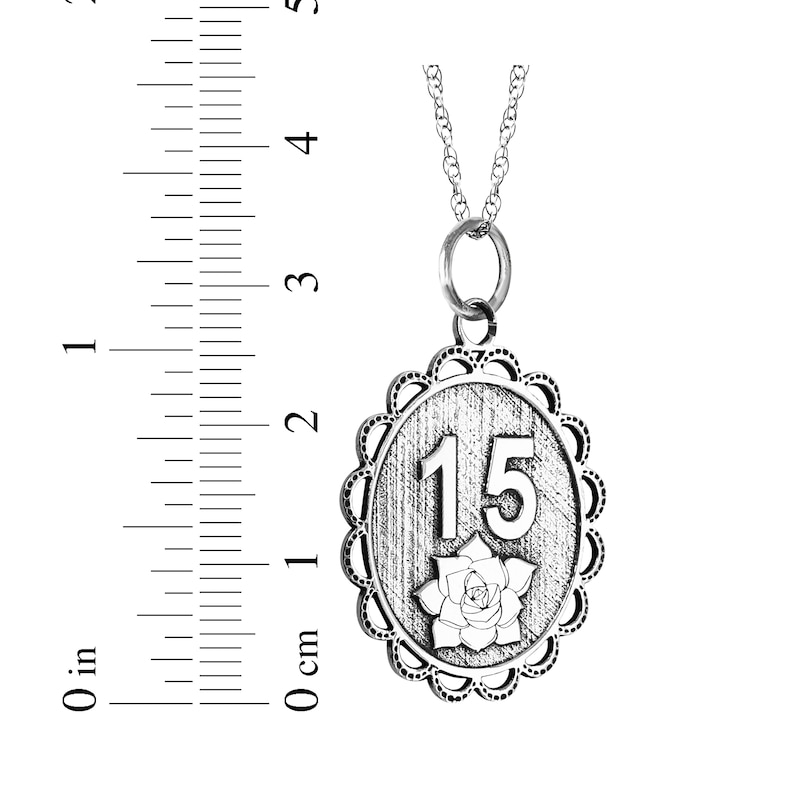 Main Image 4 of Engravable Quinceañera “15” Oval Necklace 10K White Gold 18"