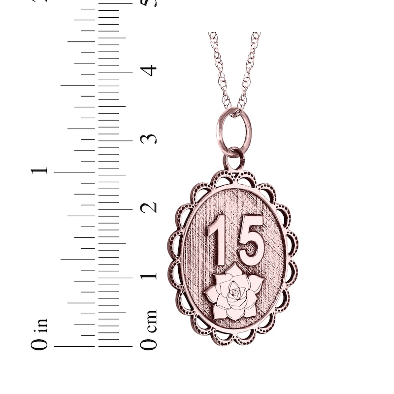 Main Image 4 of Engravable Quinceañera “15” Oval Necklace 10K Rose Gold 18"