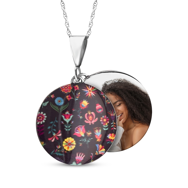 Main Image 1 of Flower & Photo Engravable Disc Necklace Sterling Silver 18"