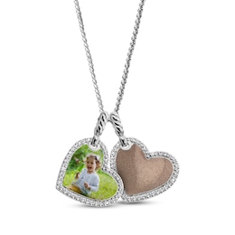 Photo & Enamel Double Tilted Heart Necklace with White Lab-Created Sapphires Sterling Silver 22"
