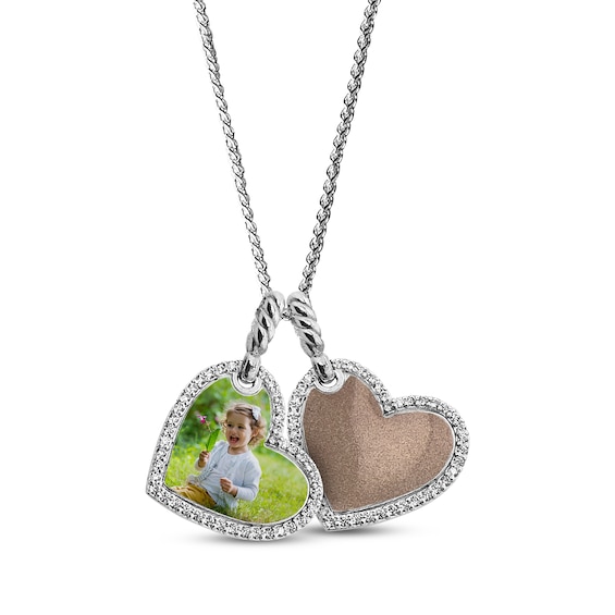 Photo & Enamel Double Tilted Heart Necklace with White Lab-Created Sapphires Sterling Silver 22"