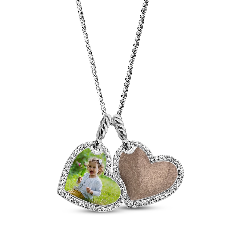 Main Image 1 of Photo & Enamel Double Tilted Heart Necklace with White Lab-Created Sapphires Sterling Silver 22"