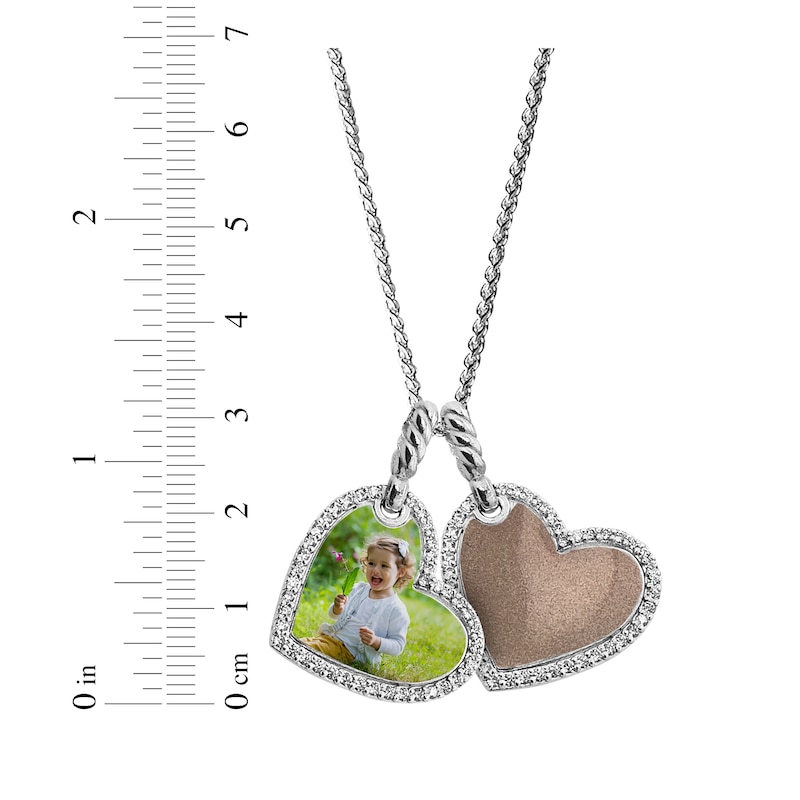 Main Image 3 of Photo & Enamel Double Tilted Heart Necklace with White Lab-Created Sapphires Sterling Silver 22"