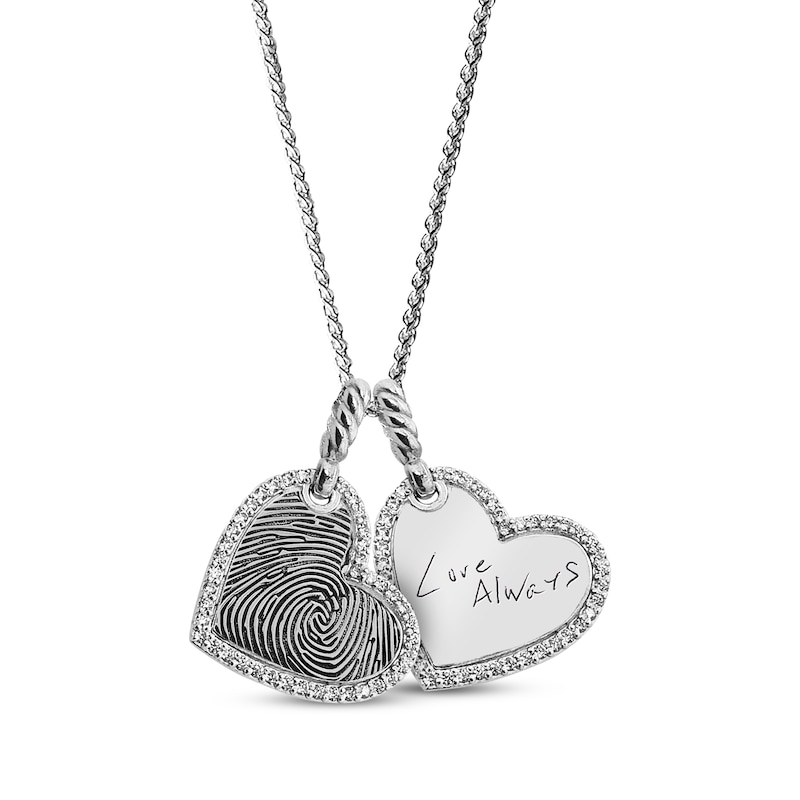 Main Image 1 of Your Own Fingerprint & Handwriting Double Tilted Heart Necklace with White Lab-Created Sapphires Sterling Silver 22"