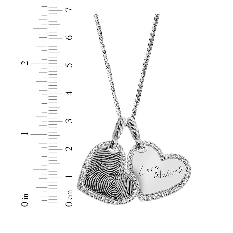 Main Image 2 of Your Own Fingerprint & Handwriting Double Tilted Heart Necklace with White Lab-Created Sapphires Sterling Silver 22"