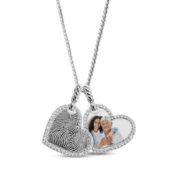 Your Own Fingerprint & Photo Double Tilted Heart Necklace with White Lab-Created Sapphires Sterling Silver 22"
