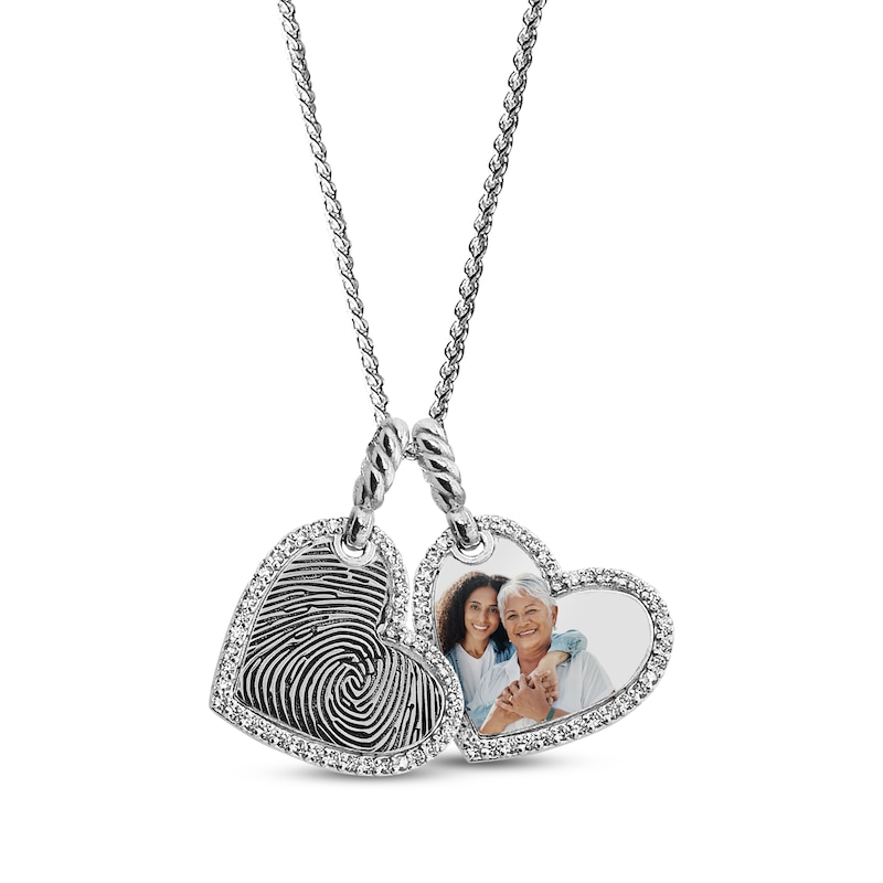 Main Image 1 of Your Own Fingerprint & Photo Double Tilted Heart Necklace with White Lab-Created Sapphires Sterling Silver 22"