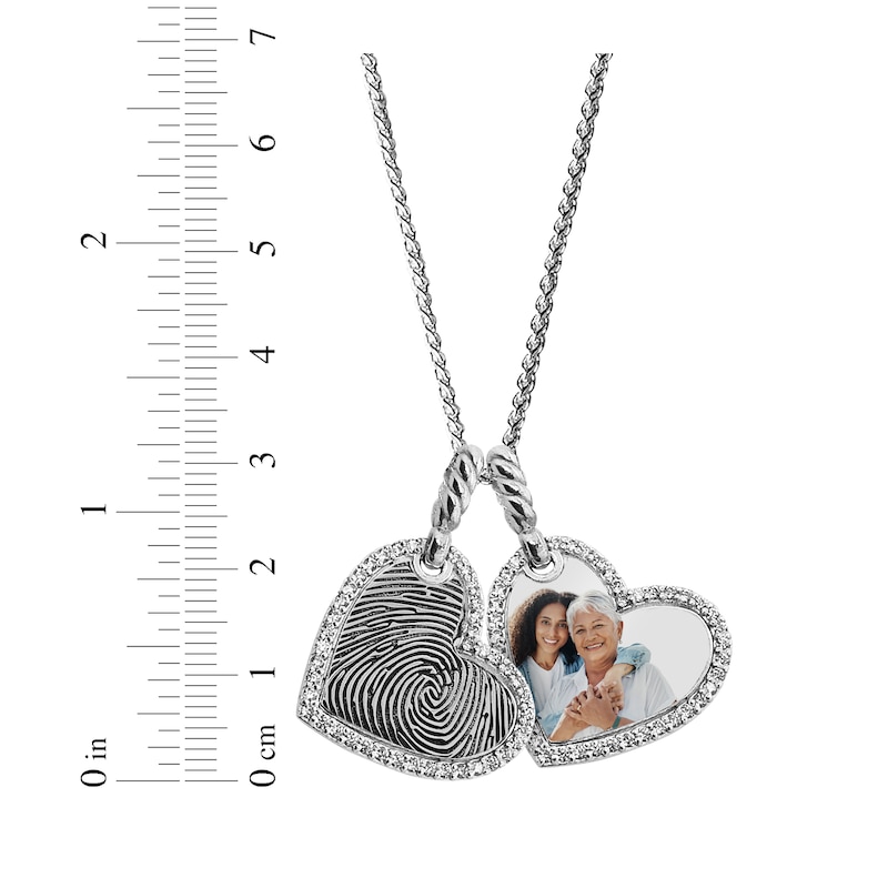 Main Image 2 of Your Own Fingerprint & Photo Double Tilted Heart Necklace with White Lab-Created Sapphires Sterling Silver 22"