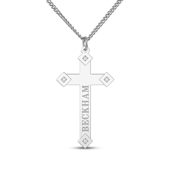 Men's Diamond Accent Cross Name Necklace Sterling Silver 22"