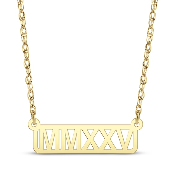 Cutout Roman Numeral Year Bar Necklace 10K Yellow Gold 18"