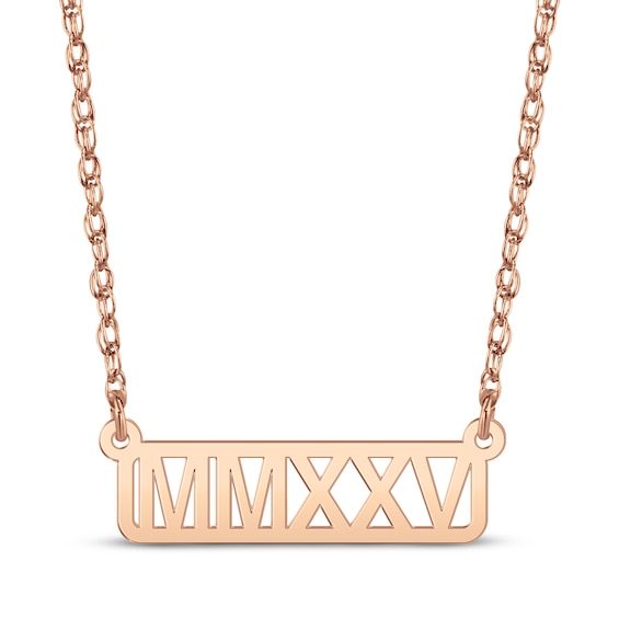Cutout Roman Numeral Year Bar Necklace 14K Rose Gold 18"