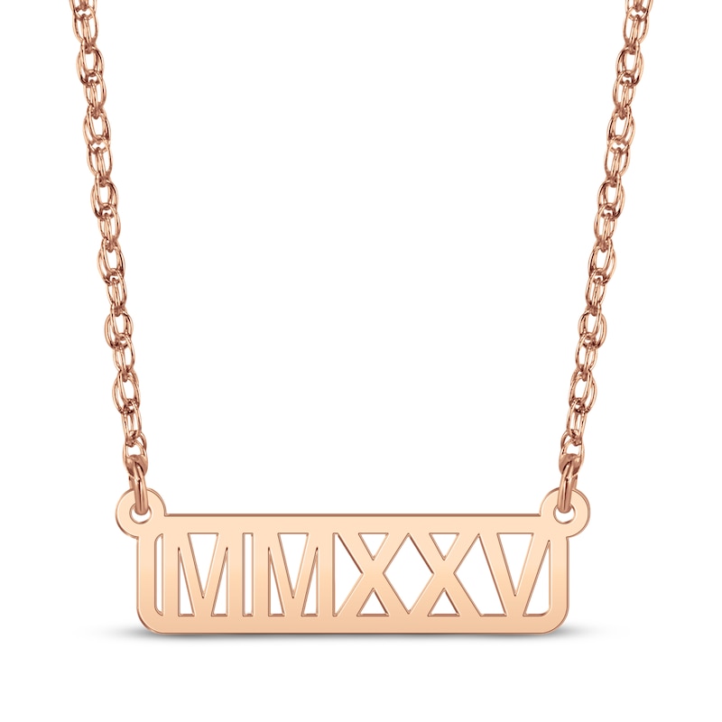 Main Image 1 of Cutout Roman Numeral Year Bar Necklace 14K Rose Gold 18"