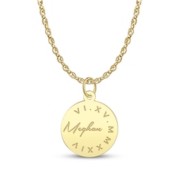 Name & Roman Numeral Date Disc Necklace 10K Yellow Gold 18"