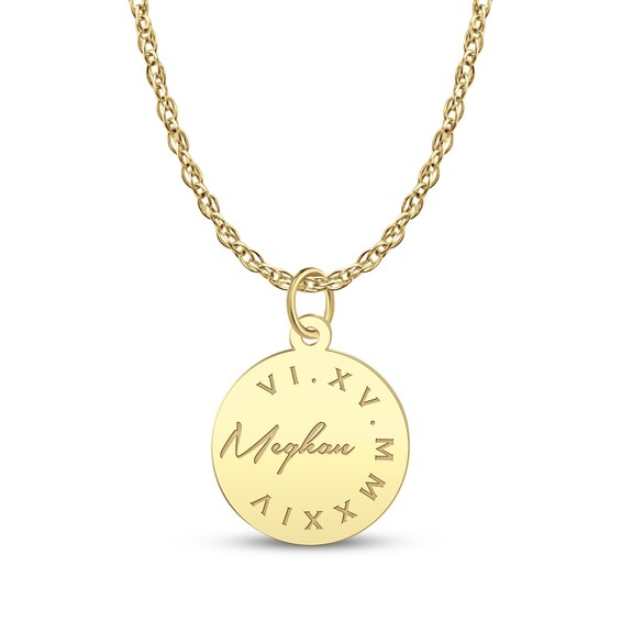 Name & Roman Numeral Date Disc Necklace 10K Yellow Gold 18"