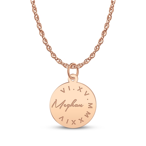Name & Roman Numeral Date Disc Necklace 14K Rose Gold 18"